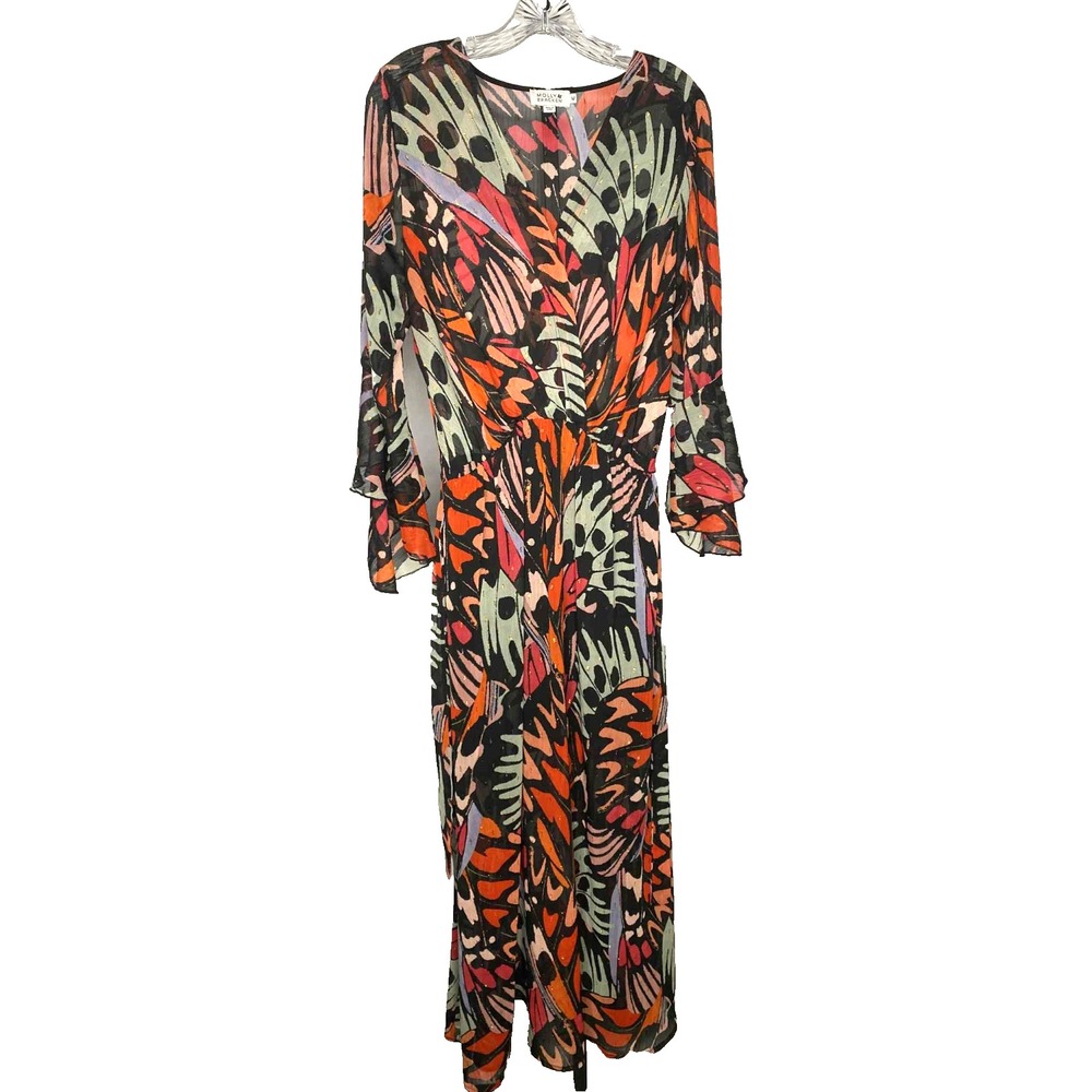 Molly Bracken Floral Wrap‎ Dress size Medium colorful shimmer long sleeve belt